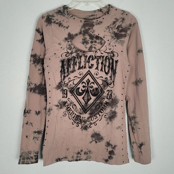 Affliction American Customs Harlow Long Sleeve Top Cutout Studded Tan Size M - Picture 2 of 12